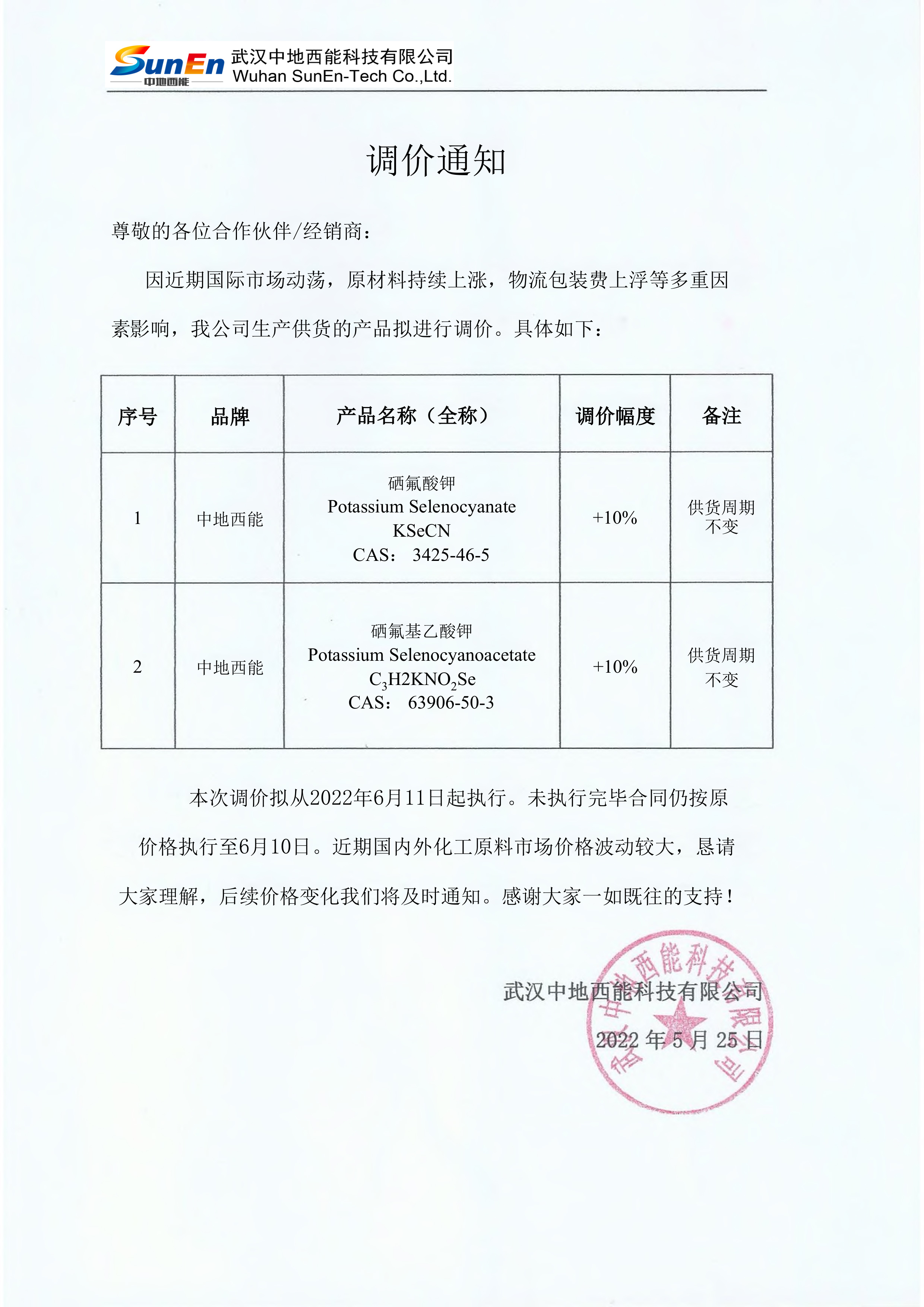 【调价通知】硒氰酸钾等产品价格上涨